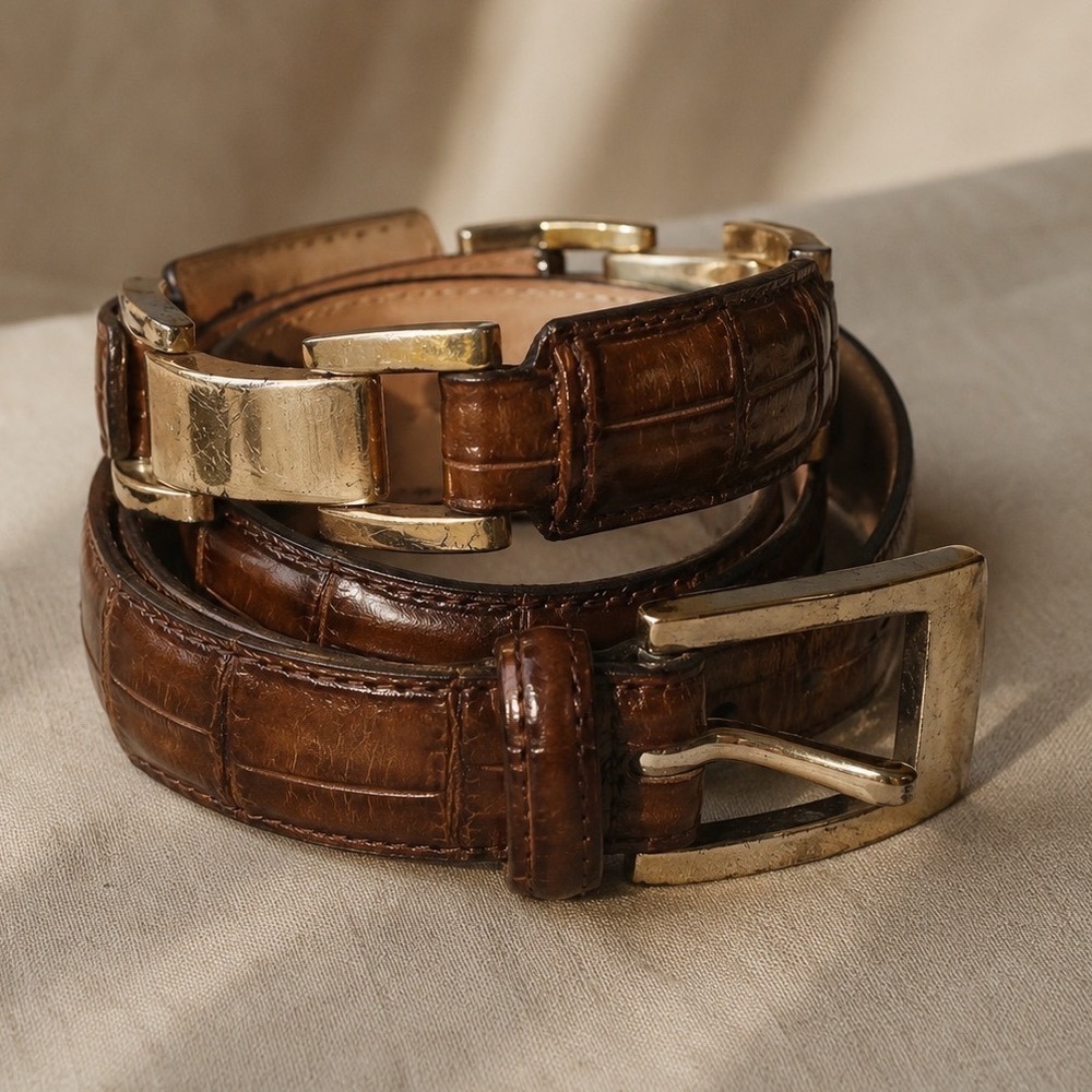 Fossil Vintage Croco‎ Embossed Leather Belt Womens Size S Brown Gold Y2K Cowhide